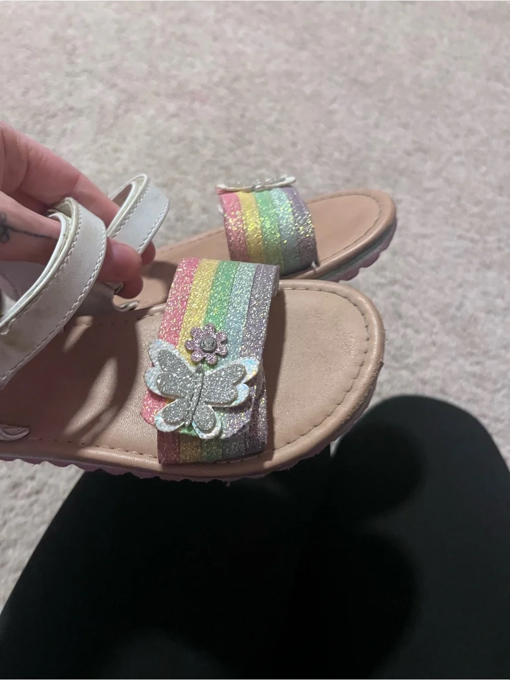 Girls White Sandals with Glitter Rainbow Strap and Flower Accent